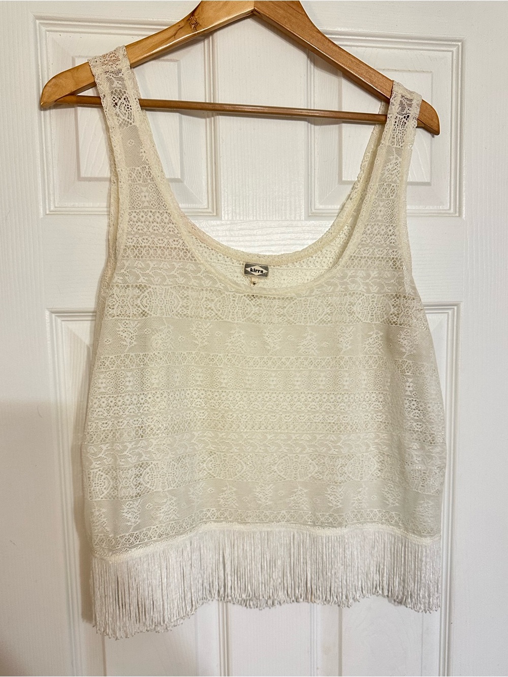 Y2K Kirra Boho Ivory Sheer Lace Fringe Crop Festival Tank Top XL Cowgirl Western